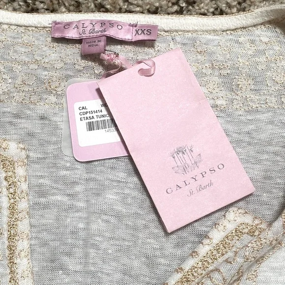 Calypso St. Barth Etasa Tunic Linen White Ivory Flared Sleeve Embroidered Blouse - Picture 6 of 9